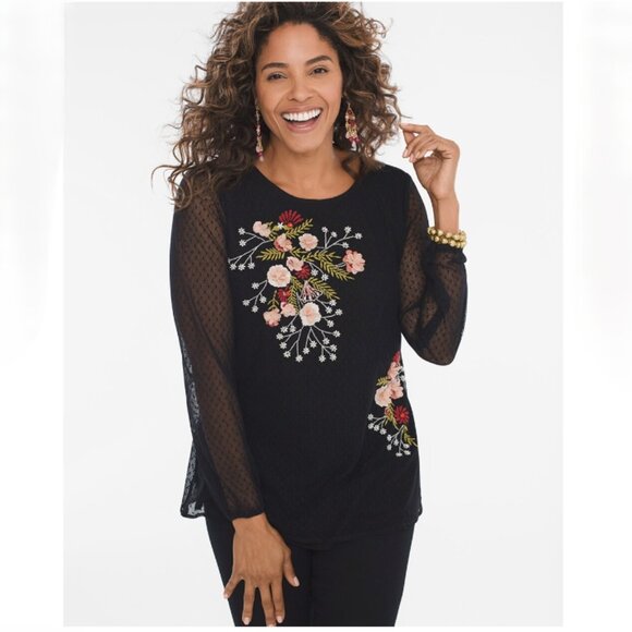 Chico's Tops - Chico's Top Women's Size 3 (16-18) Black Floral Embroidery Sheer Long Sleeves‎